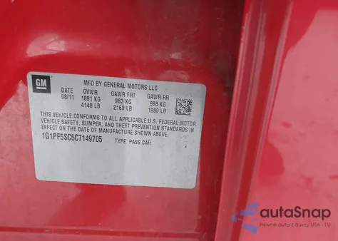 2012 Chevrolet Cruze 1Lt из США, поврежденный, VIN 1G1PF5SC5C7149705